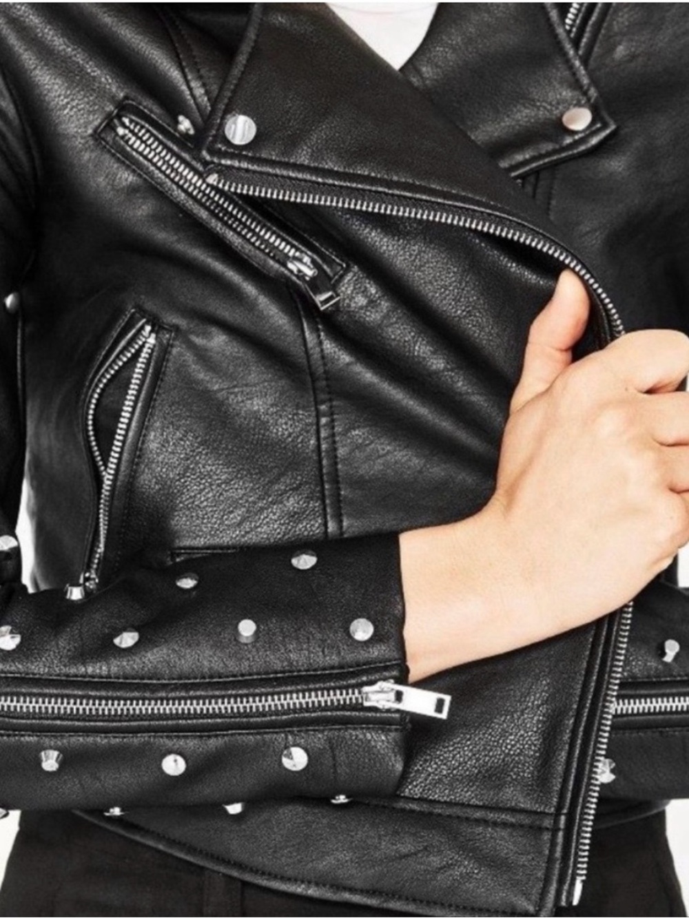 ZARA Studded Faux leather biker black jacket with skull decal women’s Medium - Picture 3 of 16